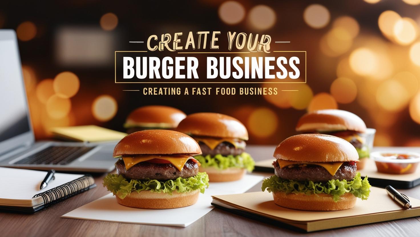 Imagen promocional para _CREA TU NEGOCIO DE HAMBURGUESAS_, destacando la creación de un negocio de comida rápida. Elementos visuales con hamburguesas deliciosas y herramientas de negocio_