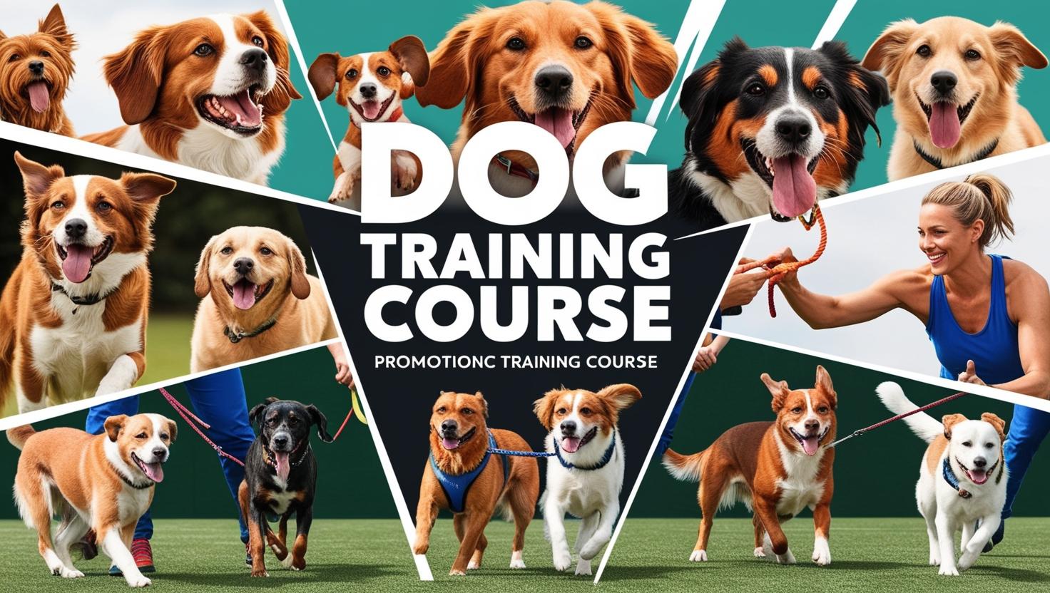 Imagen promocional para _CURSO ADIESTRAMIENTO CANINO_, destacando técnicas efectivas para entrenar perros. Diseño con imágenes de perros bien entrenados y obedientes. (1)