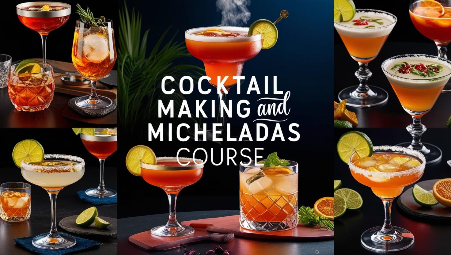 Imagen promocional para _CURSO COCTELERÍA Y MICHELADAS_, mostrando bebidas preparadas con estilo y sabor. Diseño con copas, colores vibrantes y cocteles llamativos. (5)