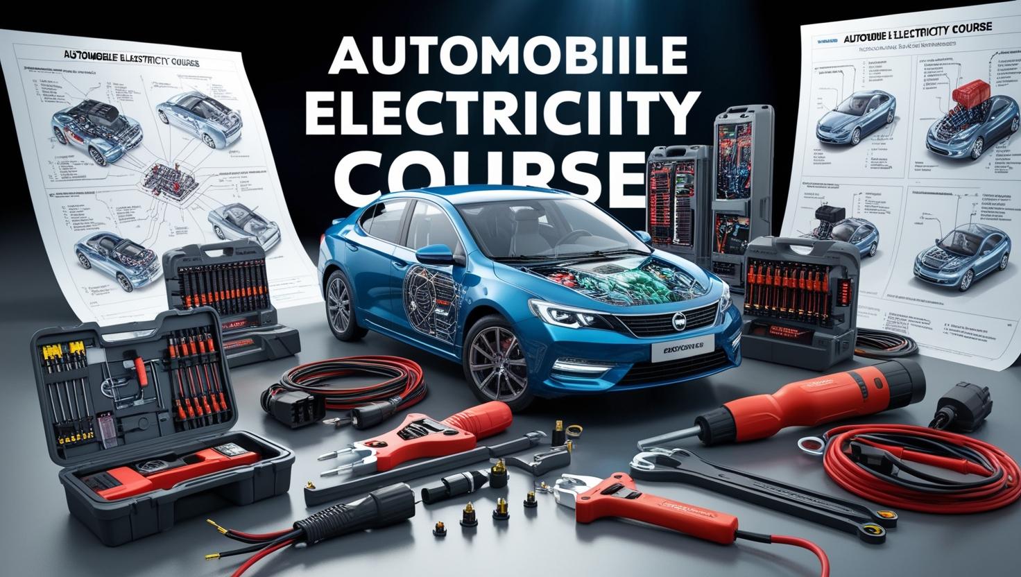 Imagen promocional para _CURSO ELECTRICIDAD AUTOMÓVIL_, enseñando sobre sistemas eléctricos de autos. Elementos visuales con diagramas eléctricos y herramientas de diagnóstico. (10)