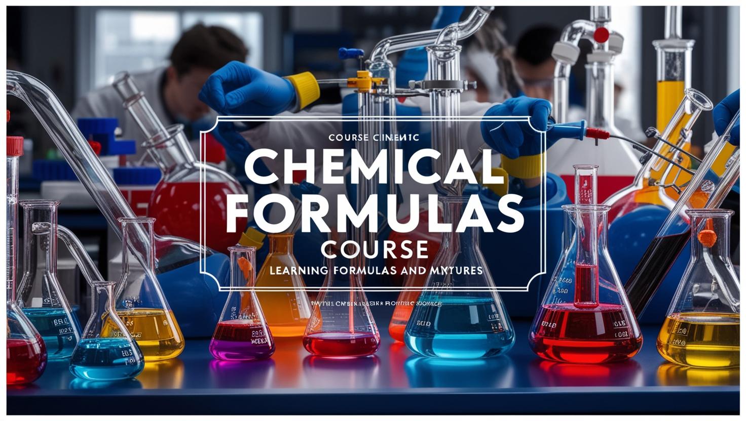 Imagen promocional para _CURSO FORMULAS QUÍMICAS_, destacando el aprendizaje de fórmulas y mezclas. Diseño con matraces, químicos y elementos de laboratorio._ (5)