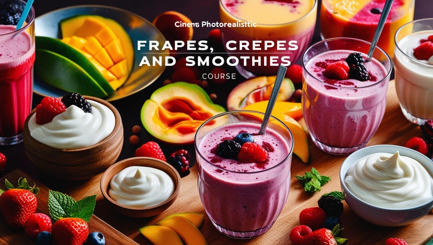 Imagen promocional para _CURSO FRAPES, CREPAS Y SMOOTHIES_, resaltando la preparación de bebidas y postres gourmet. Diseño con ingredientes frescos y bebidas apetitosas_ (1)